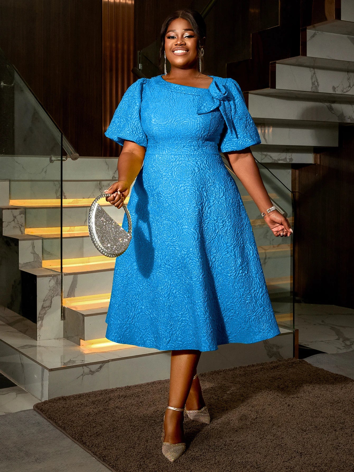 Jacquard Women’s Elegant A-Line Dress – Puff Sleeve 3D Flower Dress