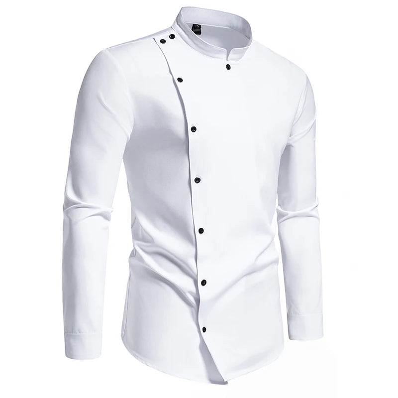 Men's Diagonal Placket Long-Sleeved Slim Fit Shirt with Multi-Button Decoration