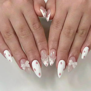 πΈ 24pcs Pink Almond Press-On Nails β Sweet Summer Floral with Pearls