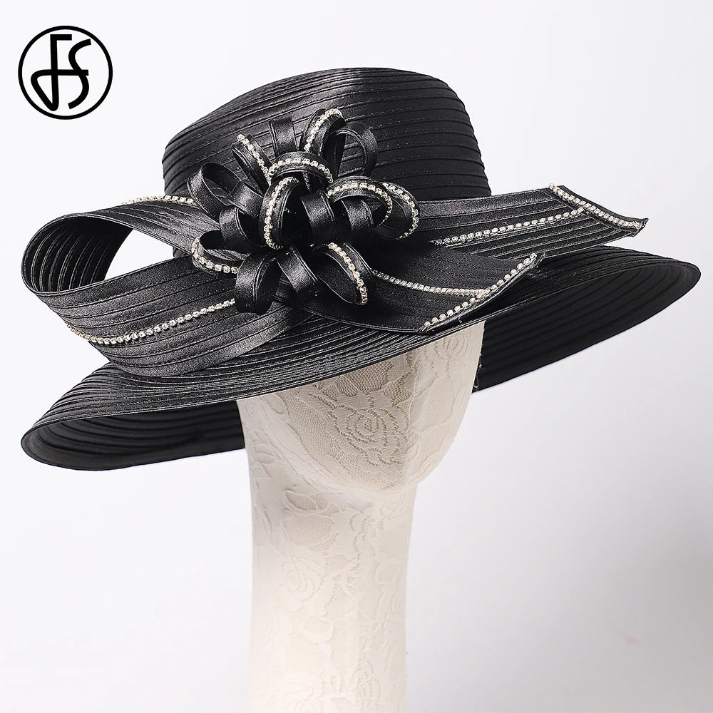 FS Elegant Black Hat Lady Formal Dress Fedora Church Cocktail Tea Party Derby Caps For Women Bow Flower Wide Brim Cloche Hats