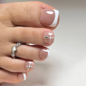 🦋 24pcs Butterfly Design Press-On Toe Nails – Short French Style with Rhinestones