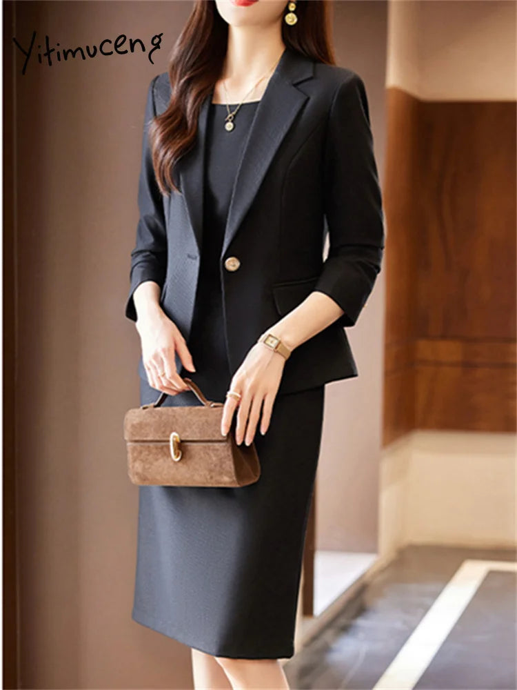 Solid Suits Set for Women – Fashion Office Chic Blazer & Sleeveless Dress Set