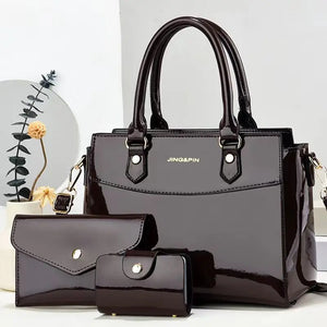 3-Piece Shiny Leather Women's Bag Set – Stylish, Versatile & Chic!