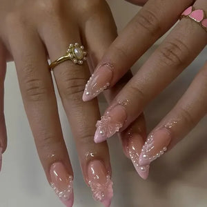 🌿 24pcs Flora Almond Press-On Nails – Mori Girl Ballet-Inspired Beauty