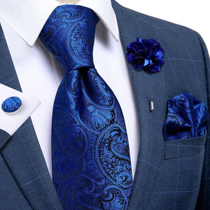 Blue Silver Paisley Neck Tie Set for Men