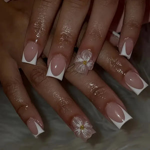 🌸 24pcs Short Square French Press-On Nails – 3D Embossed Flowers