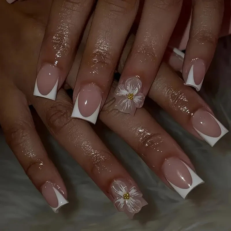 πΈ 24pcs Short Square French Press-On Nails β 3D Embossed Flowers