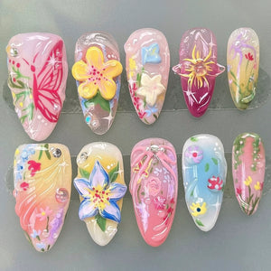 πΈ 24pcs Pink Almond Press-On Nails β Sweet Summer Floral with Pearls