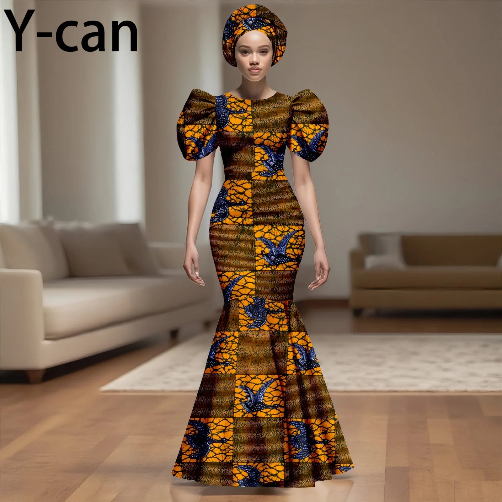 💃 African Party Dress for Women – Puff Sleeve Mermaid Dress with Headwrap (2525142)
