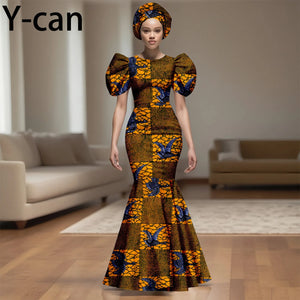 💃 African Party Dress for Women – Puff Sleeve Mermaid Dress with Headwrap (2525142)