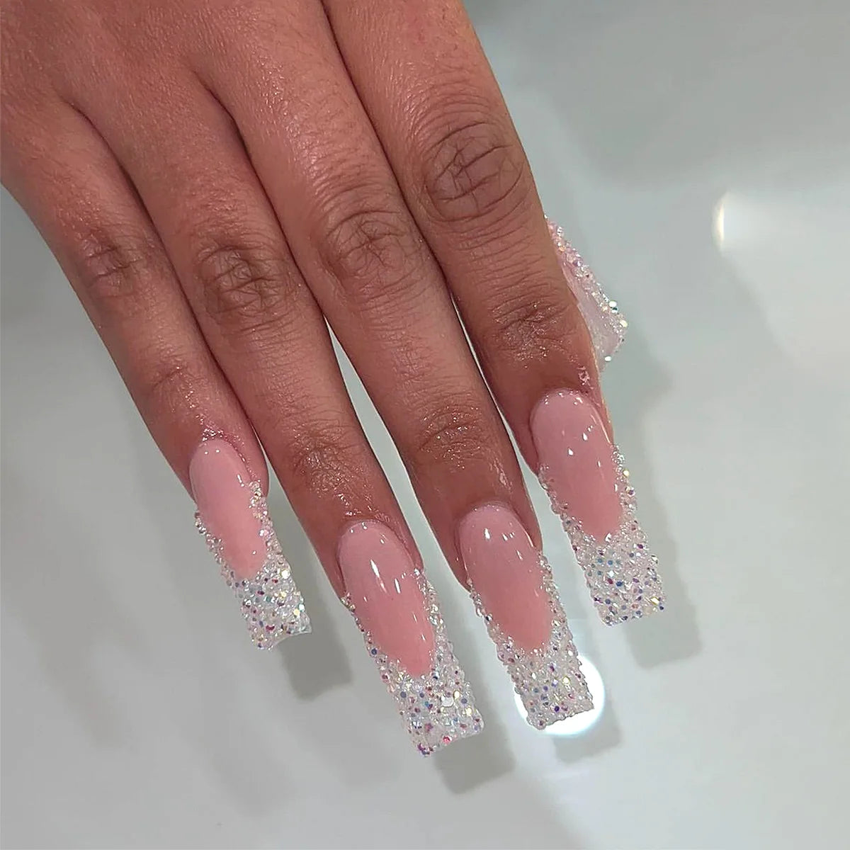 🐻 24pcs Extra Long Square Press-On Nails – 3D Bear & Bow with White French Tips