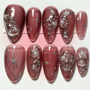 🌿 24pcs Flora Almond Press-On Nails – Mori Girl Ballet-Inspired Beauty
