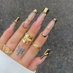 ✨ 24pcs Gold French Border Press-On Nails – Long Coffin Style with Rhinestones