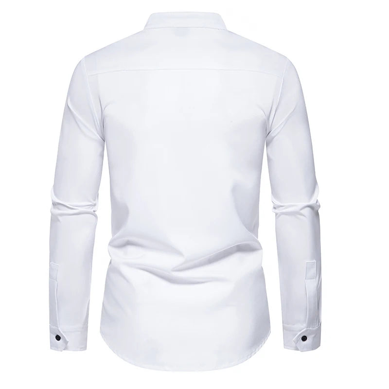Men's Diagonal Placket Long-Sleeved Slim Fit Shirt with Multi-Button Decoration