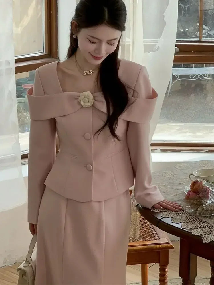 French Style Pink Tweed Two-Piece Set for Women