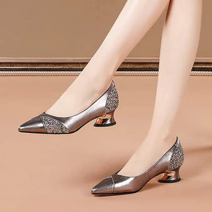 Elegant PU Leather Low-Heel Shoes with Rhinestone Detail
