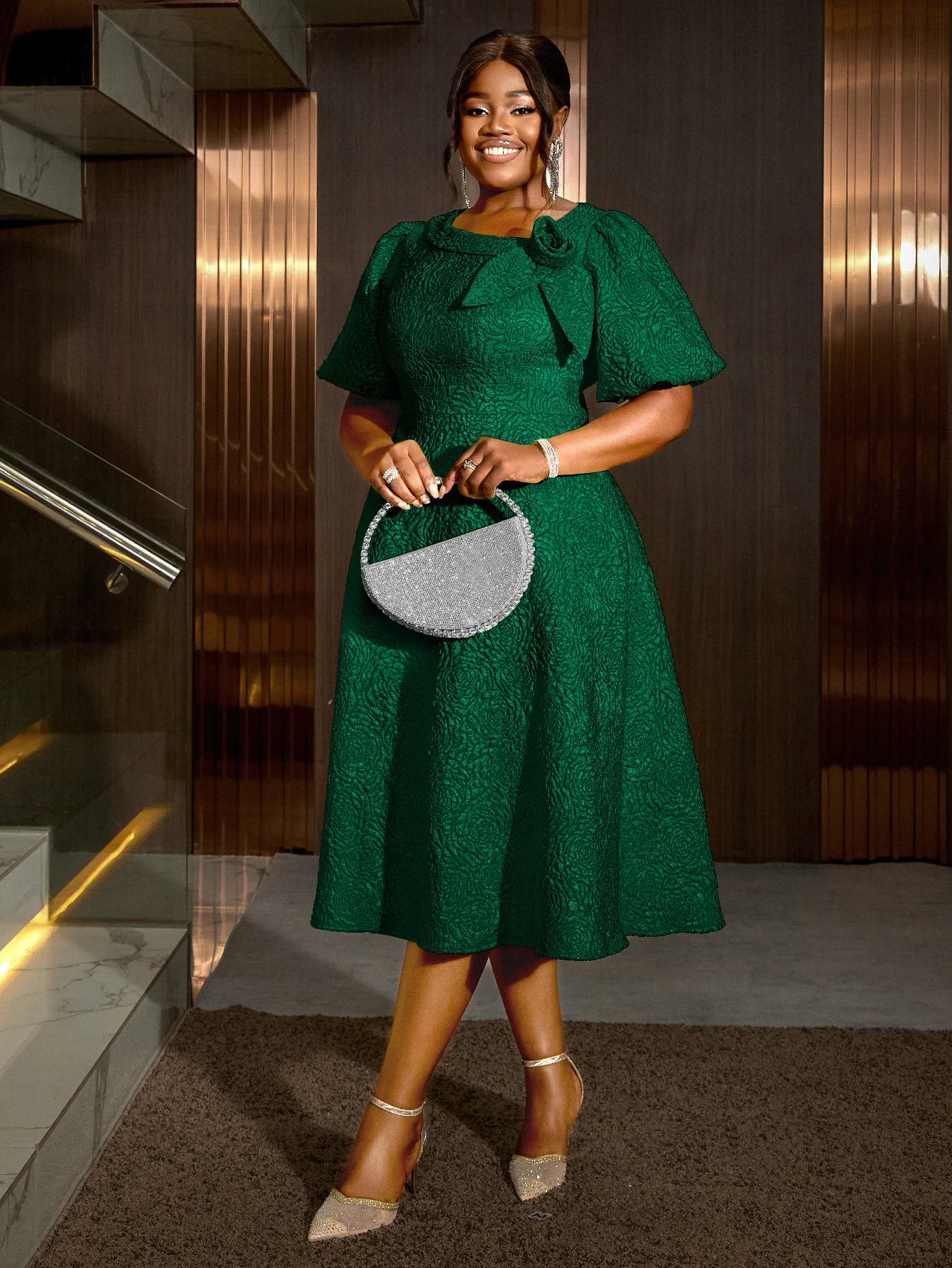 Jacquard Women’s Elegant A-Line Dress – Puff Sleeve 3D Flower Dress