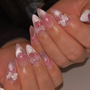 ๐ผ 24pcs White Flower Press-On Nails โ INS Yellow & Pink Blush Tones