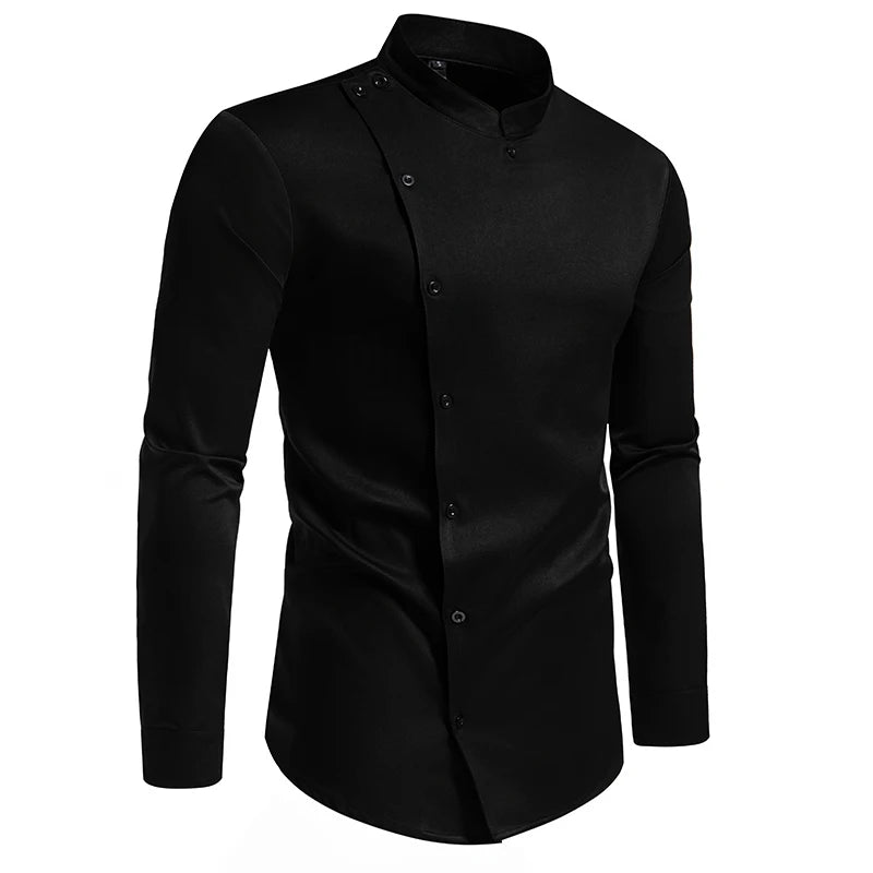 Men's Diagonal Placket Long-Sleeved Slim Fit Shirt with Multi-Button Decoration