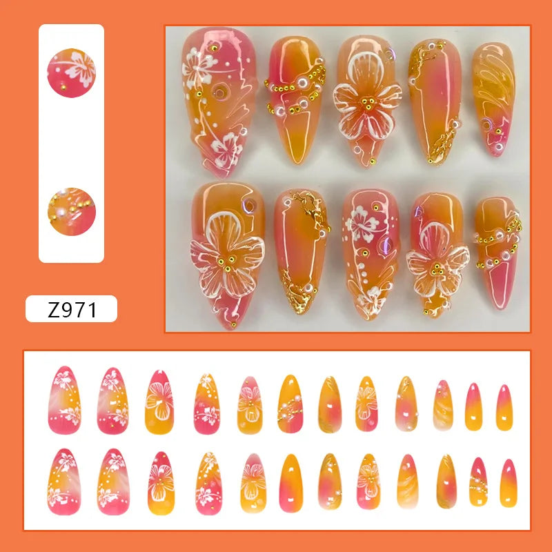๐ผ 24pcs White Flower Press-On Nails โ INS Yellow & Pink Blush Tones