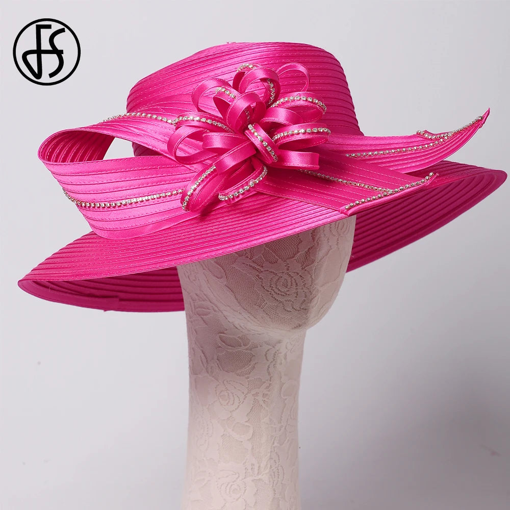 FS Elegant Black Hat Lady Formal Dress Fedora Church Cocktail Tea Party Derby Caps For Women Bow Flower Wide Brim Cloche Hats