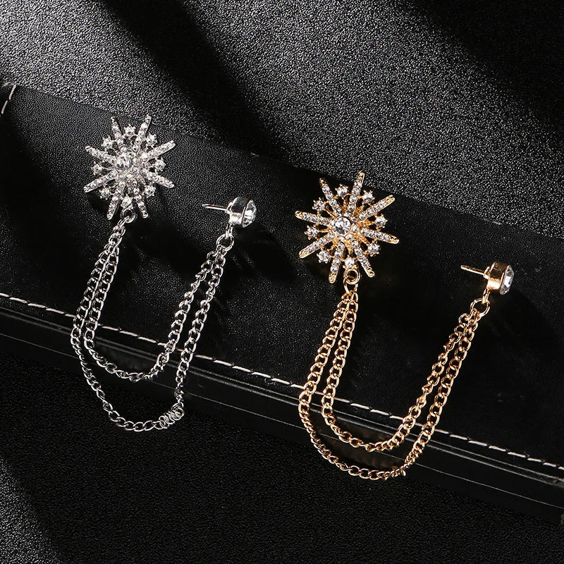 Korean Version of the British Style Asterisk Brooch Suit Tassel Chain Collar Pin Zircon Badge -Men's Accessories