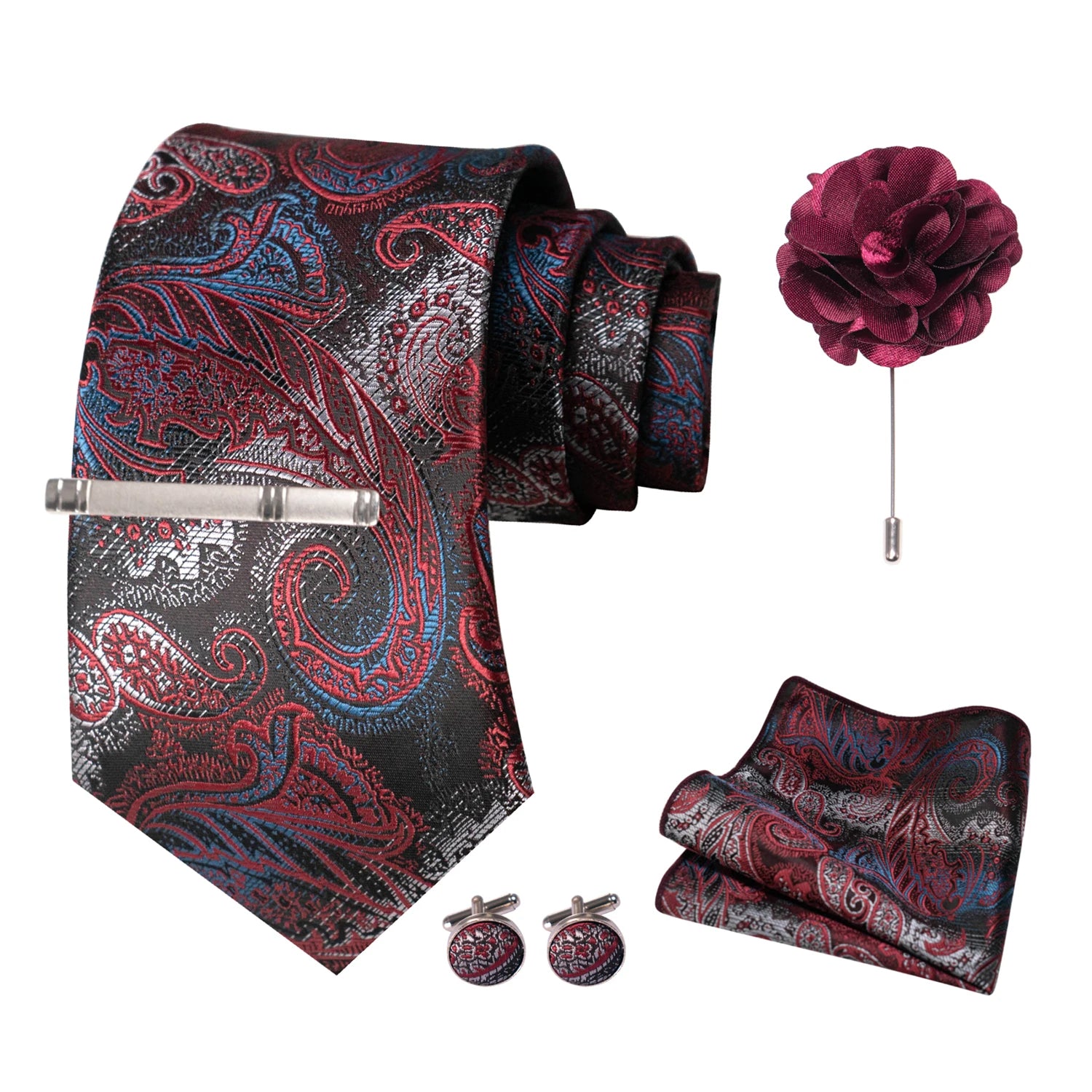 Wine Red Paisley Silk Tie Set – A Touch of Elegance for Every Occasion