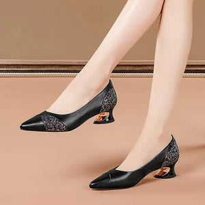Elegant PU Leather Low-Heel Shoes with Rhinestone Detail