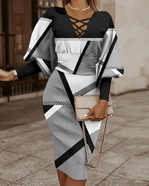 Elegant Long-Sleeved V-Neck Waist Dress for Women