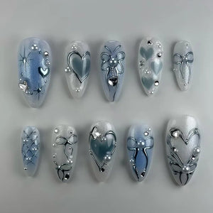 🍃 24pcs 3D Green Ripple Cat’s Eye Press-On Nails – French Almond Style with Leaf Design