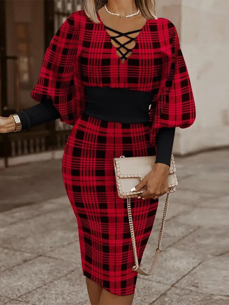 Elegant Long-Sleeved V-Neck Waist Dress for Women