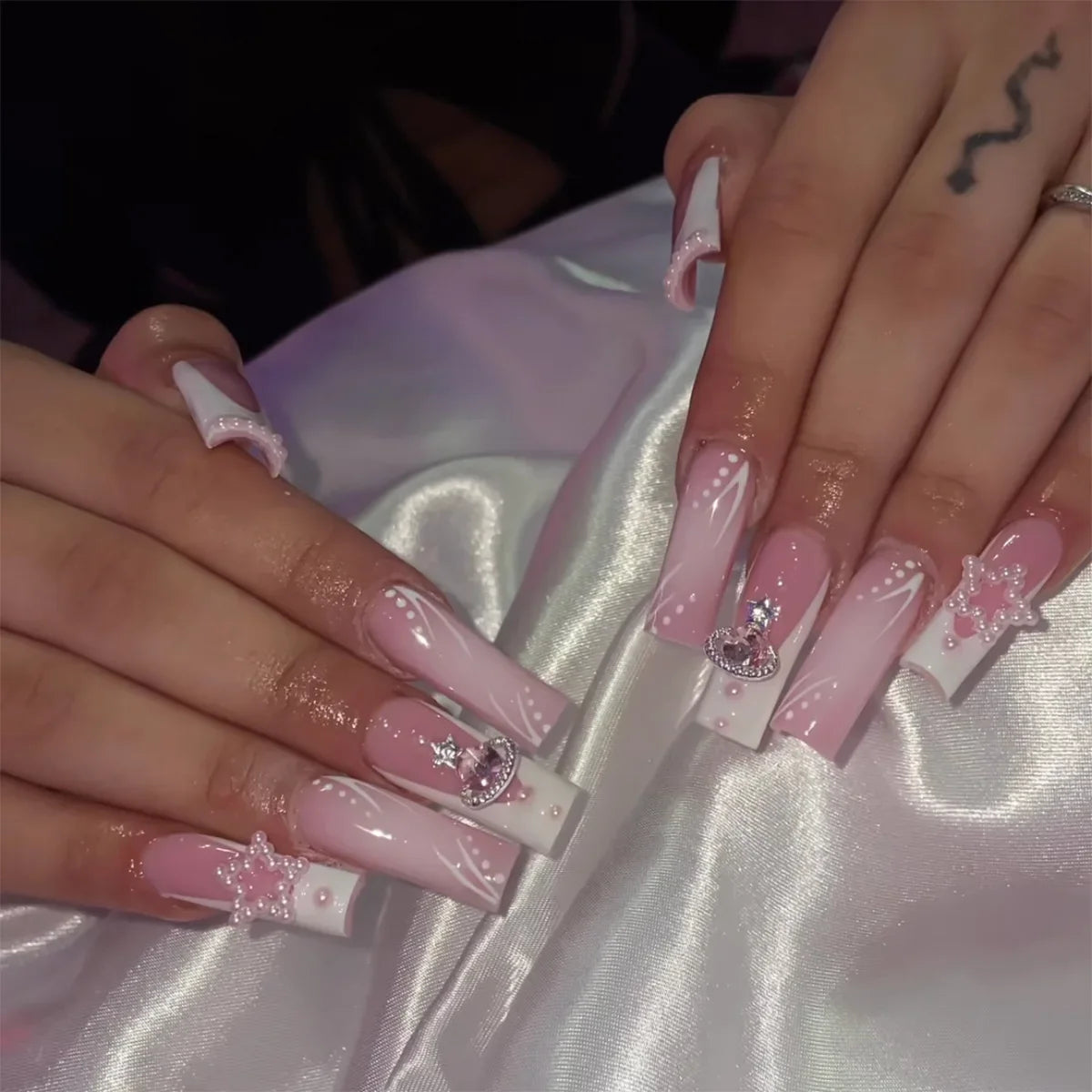 🐻 24pcs Extra Long Square Press-On Nails – 3D Bear & Bow with White French Tips