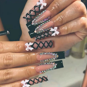 ✨ 24pcs Gold French Border Press-On Nails – Long Coffin Style with Rhinestones