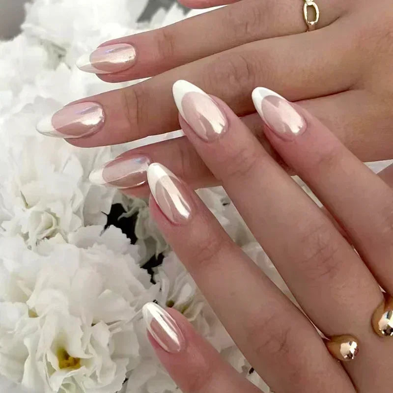 π 24pcs French Almond Press-On Nails β White Edge with INS Pink Style