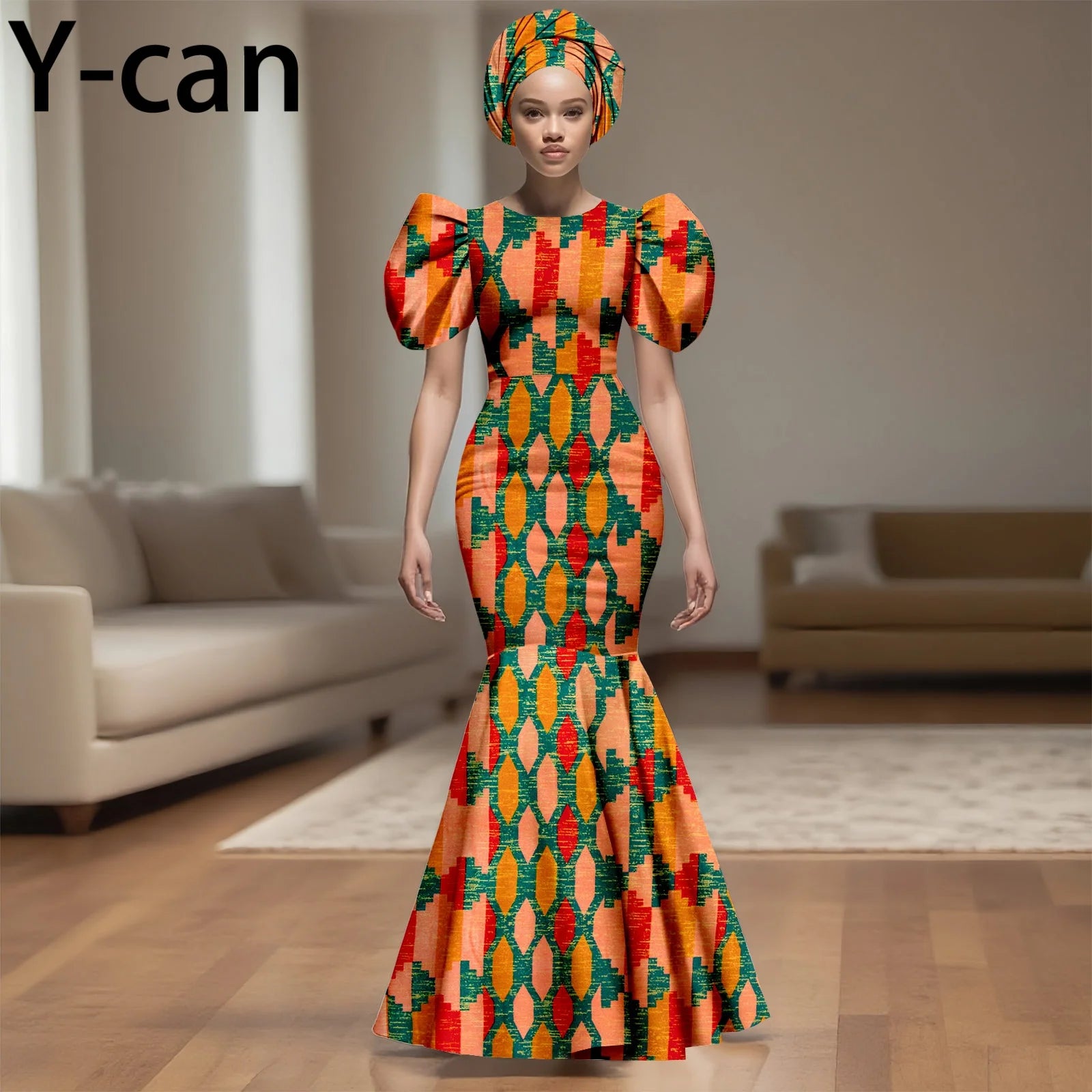 💃 African Party Dress for Women – Puff Sleeve Mermaid Dress with Headwrap (2525142)