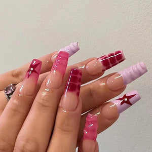 🐻 24pcs Extra Long Square Press-On Nails – 3D Bear & Bow with White French Tips