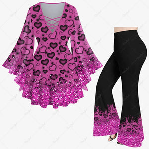 New Women's Heart Sparkling Sequin Glitter 3D Print Lattice Crisscross Flare Sleeve Top & Flare Pants Matching Set