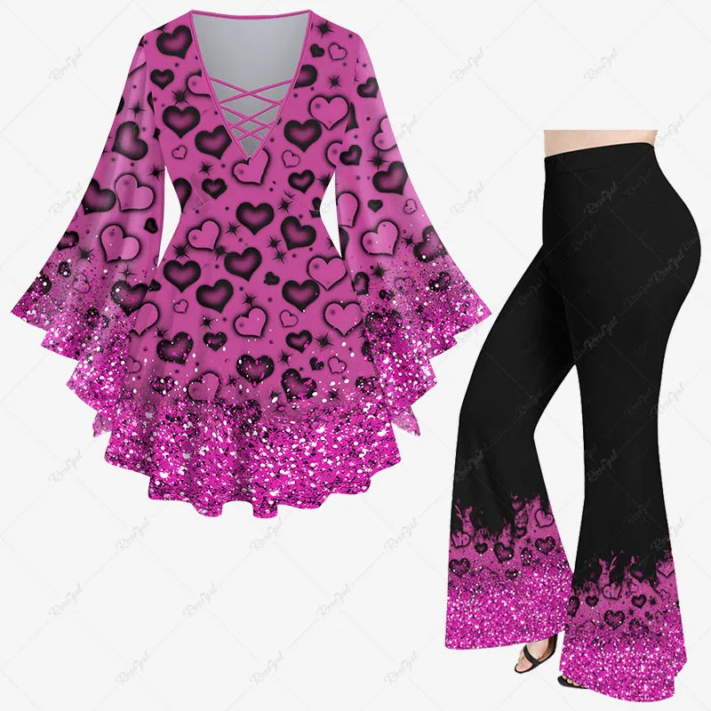 New Women's Heart Sparkling Sequin Glitter 3D Print Lattice Crisscross Flare Sleeve Top & Flare Pants Matching Set