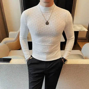 Printed Semi Turtleneck Elastic T-shirt – Men’s Autumn Long-Sleeve Slim Fit Tee