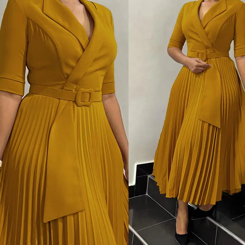 Elegant Pleated Office Dress