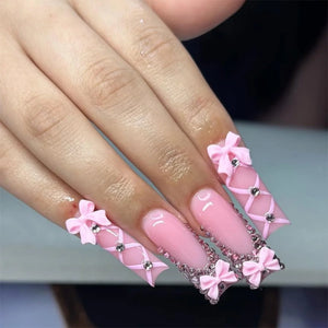 🐻 24pcs Extra Long Square Press-On Nails – 3D Bear & Bow with White French Tips