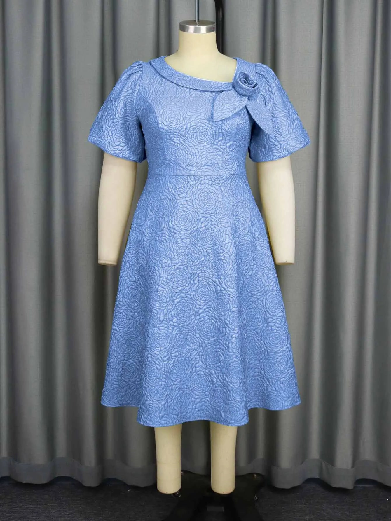 Jacquard Women’s Elegant A-Line Dress – Puff Sleeve 3D Flower Dress