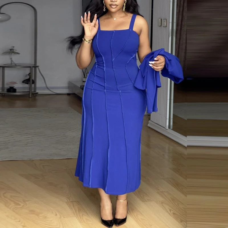 ✨ Two-Piece Women’s Outfit – Blazer + Suspender A-Line Midi Dress ✨