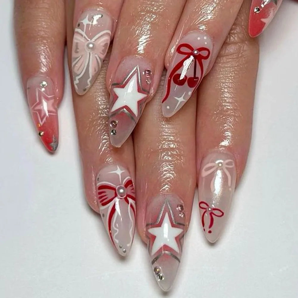 πΈ 24pcs Pink Almond Press-On Nails β Sweet Summer Floral with Pearls