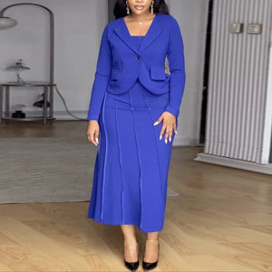 ✨ Two-Piece Women’s Outfit – Blazer + Suspender A-Line Midi Dress ✨
