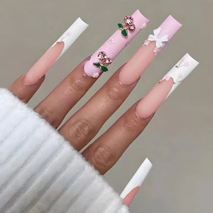 🐻 24pcs Extra Long Square Press-On Nails – 3D Bear & Bow with White French Tips