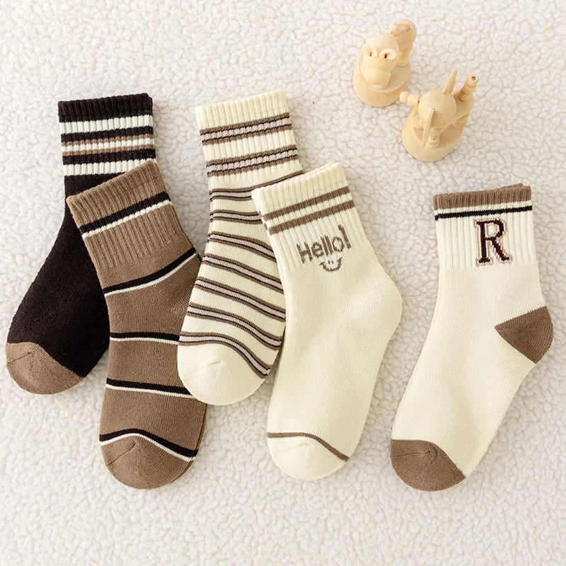 𧦠5-Pack Boysβ Alphabet Striped Mid-Calf Socks