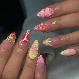 π 24pcs Cute Ocean Creature Press-On Nails β Yellow French Tip with Floral Fun