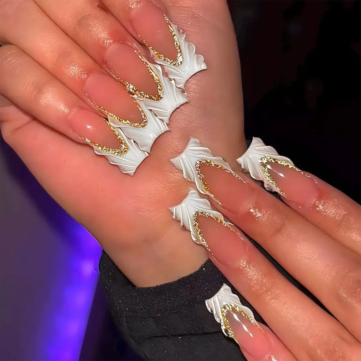 β¨ 24pcs Gold French Border Press-On Nails β Long Coffin Style with Rhinestones