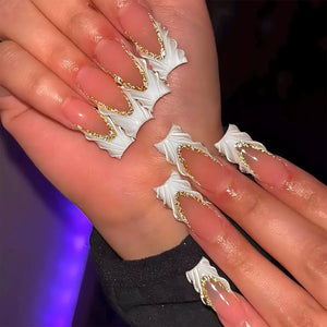 ✨ 24pcs Gold French Border Press-On Nails – Long Coffin Style with Rhinestones